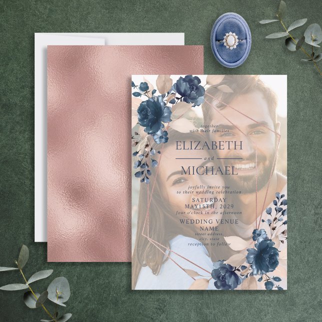 Invitation Rose Gold Dusty Rose Navy Floral Photo géométrique (Créateur téléchargé)