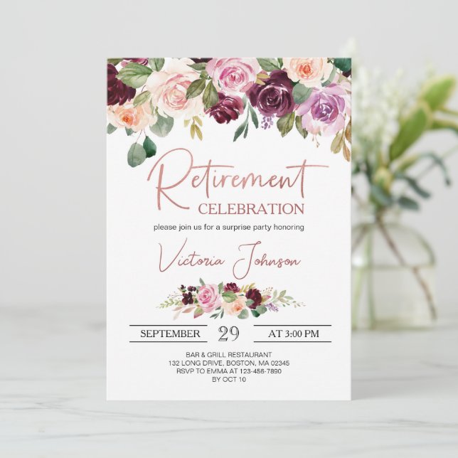 Invitation Rose Gold Elegant Script Surprise Retraite Party (Debout devant)