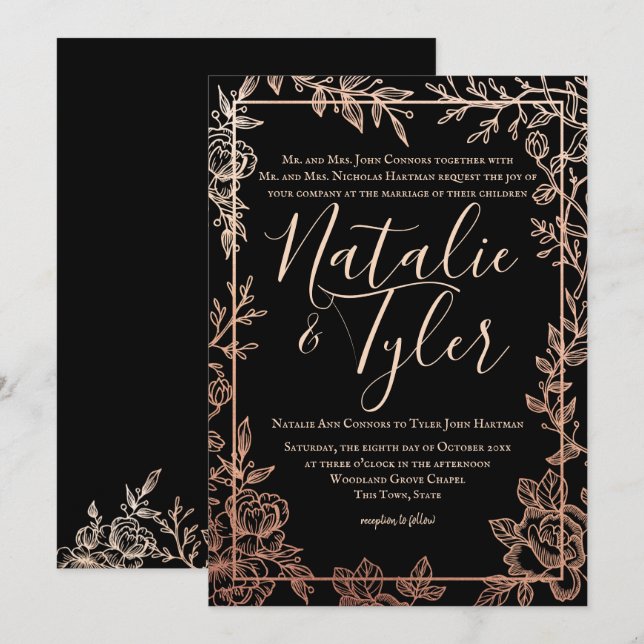 Invitation Rose Gold et Black Floral Sketch Frame Classic (Devant / Derrière)