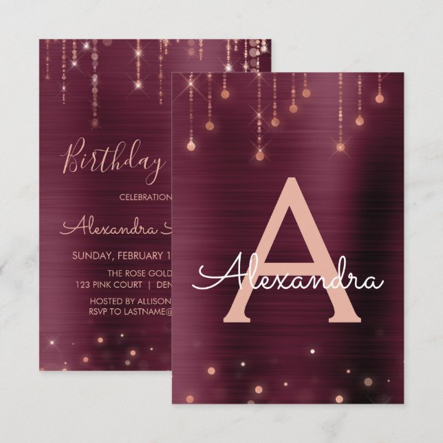 Invitation Rose Gold et Bourgogne Sparkle fête d'anniversaire (Devant / Derrière)