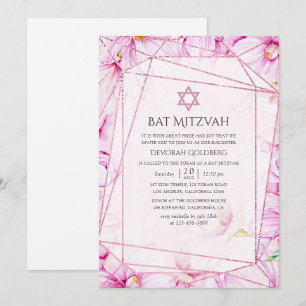 Invitation Rose Gold et Magnolia Rose Géométrique Bar Mitzvah