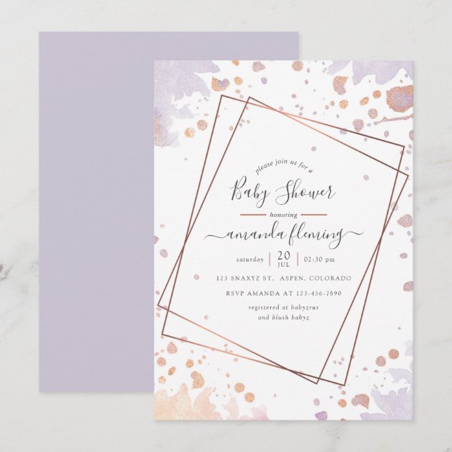 Invitation Rose Gold et Pastel Purple Baby shower géométrique (Devant / Derrière)