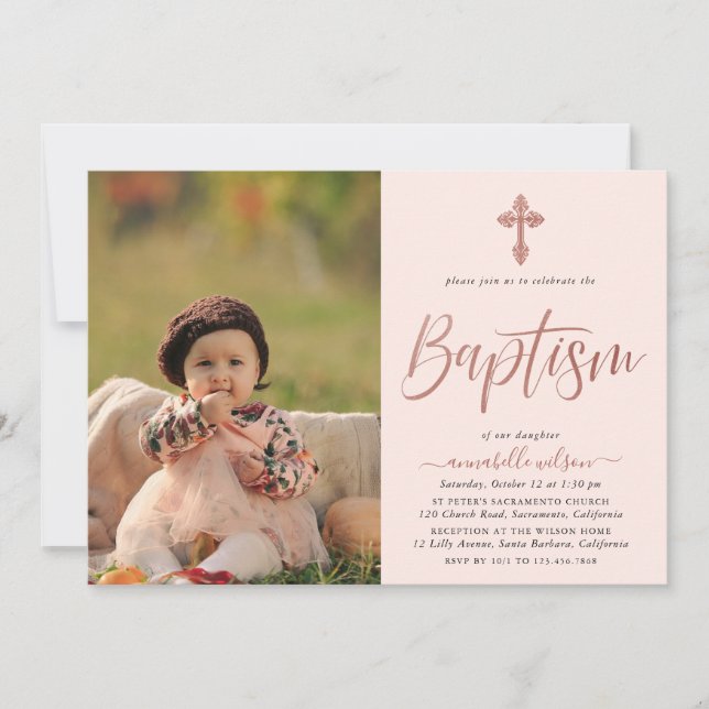 Invitation rose Gold Et Rose Photo Girl Baptême (Devant)