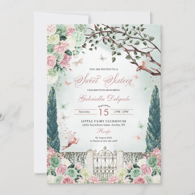 Invitation Rose Gold Fairy Enchanted Garden Sweet 16 (Devant)