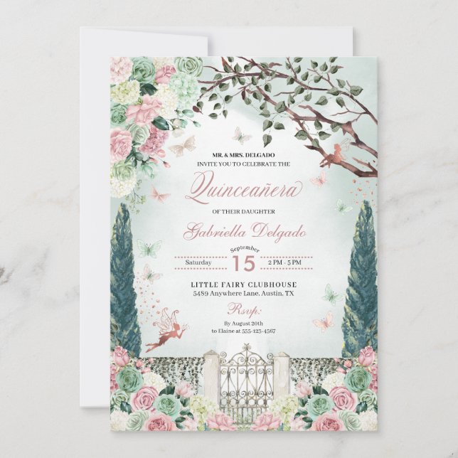Invitation Rose Gold Fairy Enchanted Jardin Quinceanera (Devant)