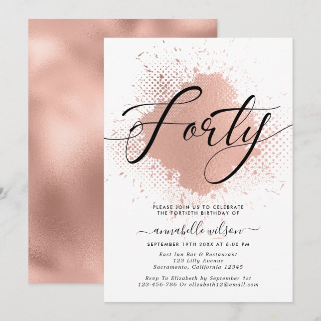 Invitation Rose Gold Faux Foil 40e anniversaire (Devant / Derrière)