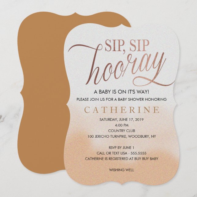 Invitation Rose Gold faux Foil, Sip Hooray Baby shower (Devant / Derrière)
