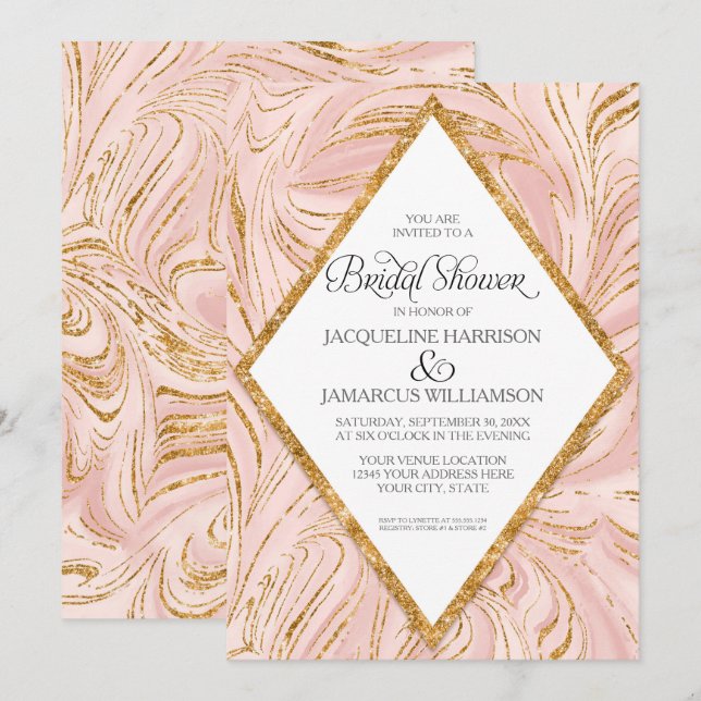 Invitation Rose Gold Faux Parties scintillant Marble Blush Fê (Devant / Derrière)