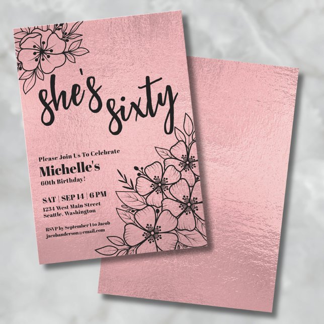 Invitation Rose Gold Floral 60e fête d'anniversaire (Rose Gold Pink Floral 60th Birthday Party Invitation)