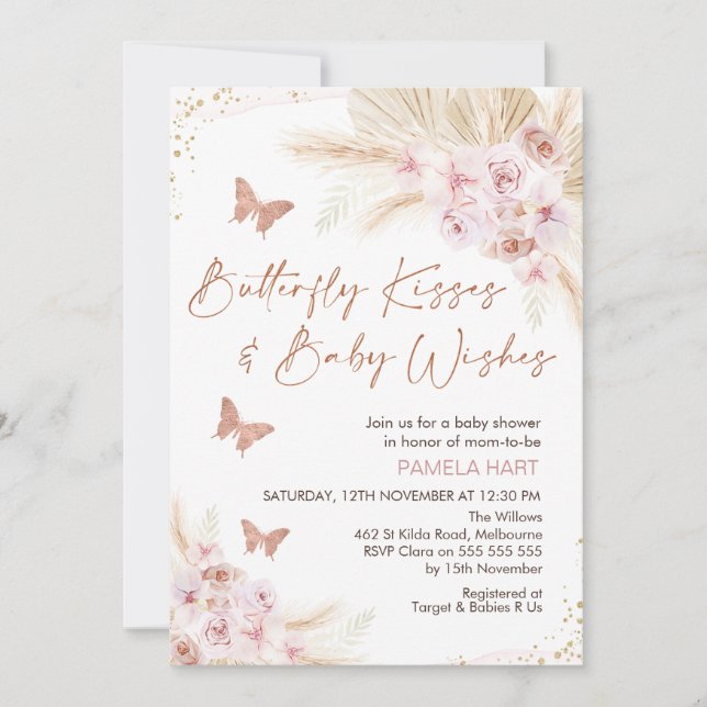 Invitation Rose Gold Floral Baisers Baby shower (Devant)