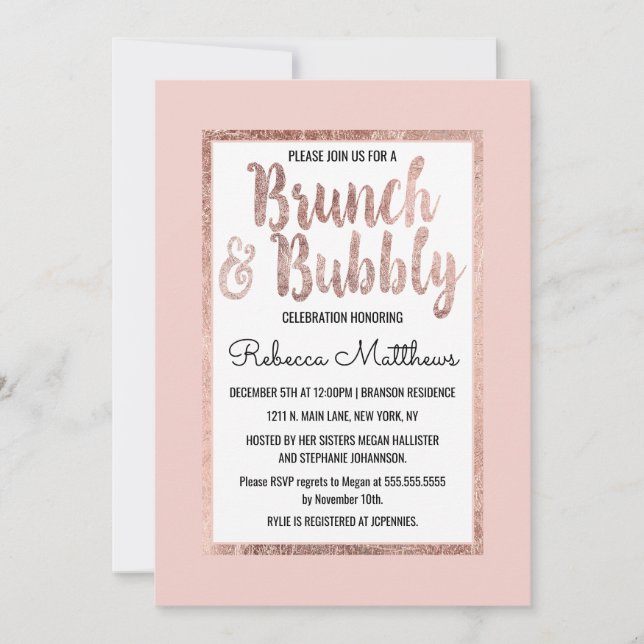Invitation Rose Gold Floral Blush rose Brush Brunch Bubbly (Devant)