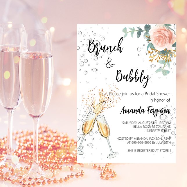 Invitation Rose Gold Floral Brunch Fête des mariées Bubbly (Créateur téléchargé)