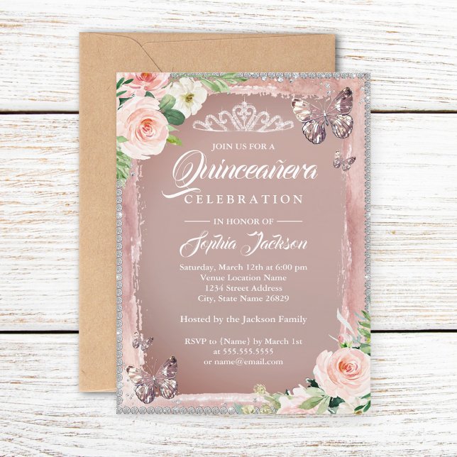 Invitation Rose Gold Floral Butterfly Sparkle Quinceanera (Créateur téléchargé)