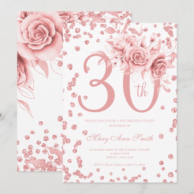 Invitation Rose Gold Floral & Confetti 30e fête d'anniversair (Devant / Derrière)
