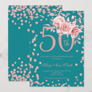 Invitation Rose Gold Floral & Confetti 50e anniversaire Turqu