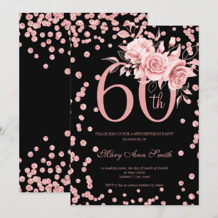 Invitation Rose Gold Floral & Confetti 60e Anniversaire Noir 