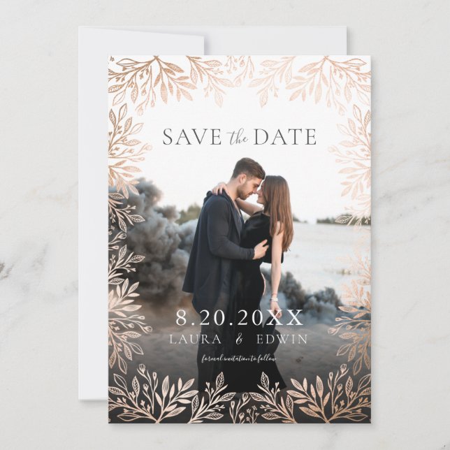 Invitation Rose Gold Floral Élégant mariage Enregistrer la da (Devant)