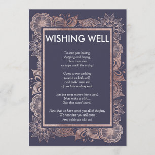 Invitation Rose Gold Floral et Bleu Nuit Fontaine de Vœux