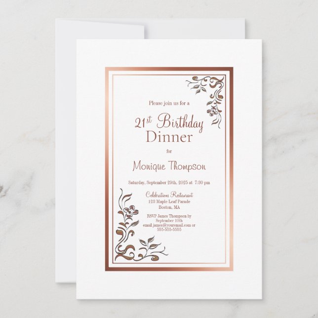 Invitation Rose Gold Floral Frontière 21ème anniversaire Dîne (Devant)