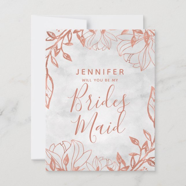 Invitation Rose Gold Floral Grey Serez-Vous Ma Femme D'Accuei (Devant)