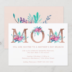 Invitation Rose gold floral lettre Maman jour de la fête des 
