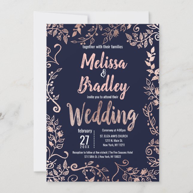 Invitation Rose Gold Floral Marine Bleu Brush Script Mariage (Devant)