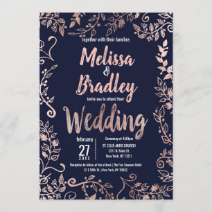 Invitation Rose Gold Floral Marine Bleu Brush Script Mariage