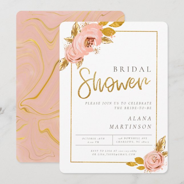 Invitation Rose Gold Floral Parties scintillant nuptiale douc (Devant / Derrière)