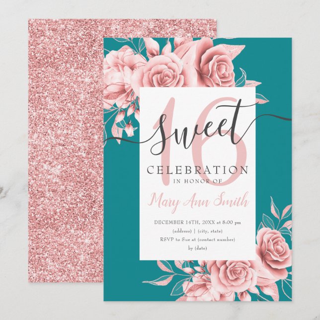 Invitation Rose Gold Floral & Parties scintillant Sweet 16 Sc (Devant / Derrière)
