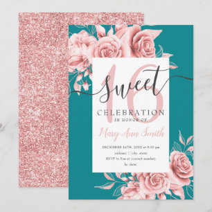 Invitation Rose Gold Floral & Parties scintillant Sweet 16 Sc