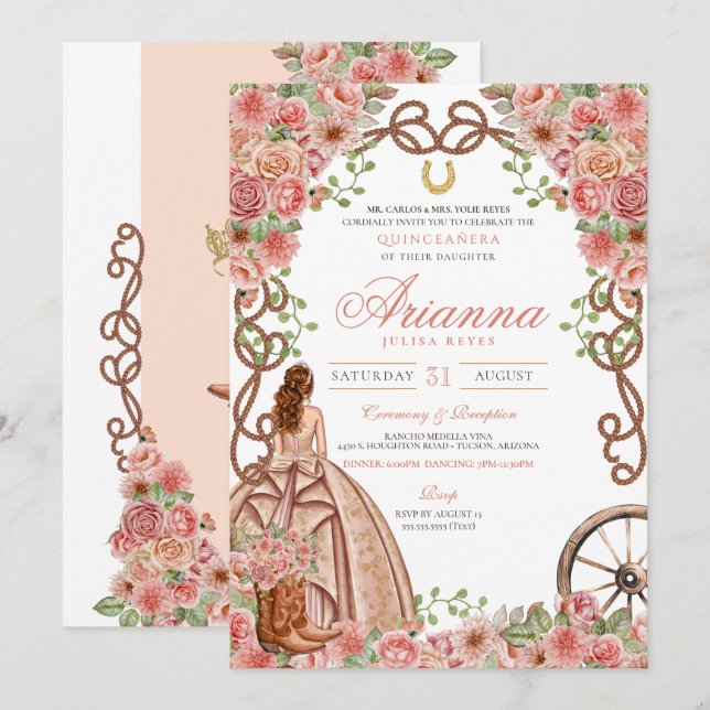 Invitation Rose Gold Floral Pays Western Fancy Quinceañera (Devant / Derrière)