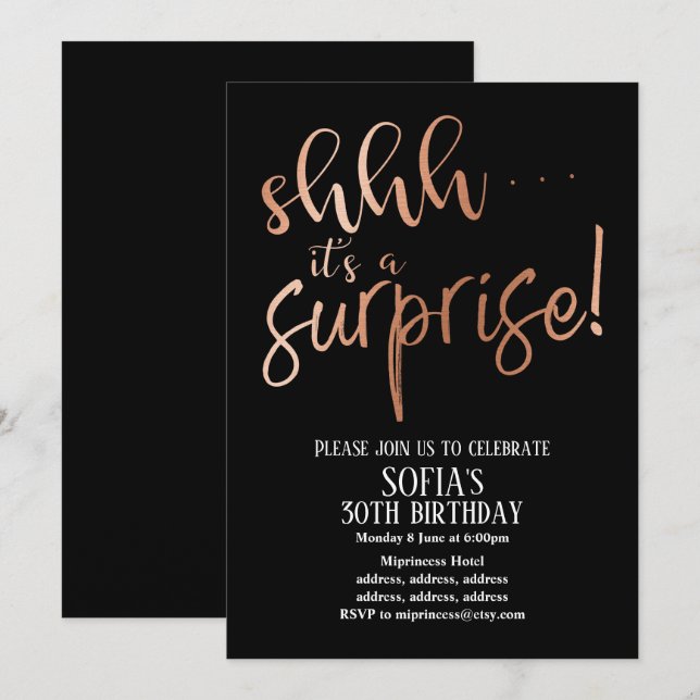 Invitation Rose Gold Foil, chut c'est une fête surprise (Devant / Derrière)