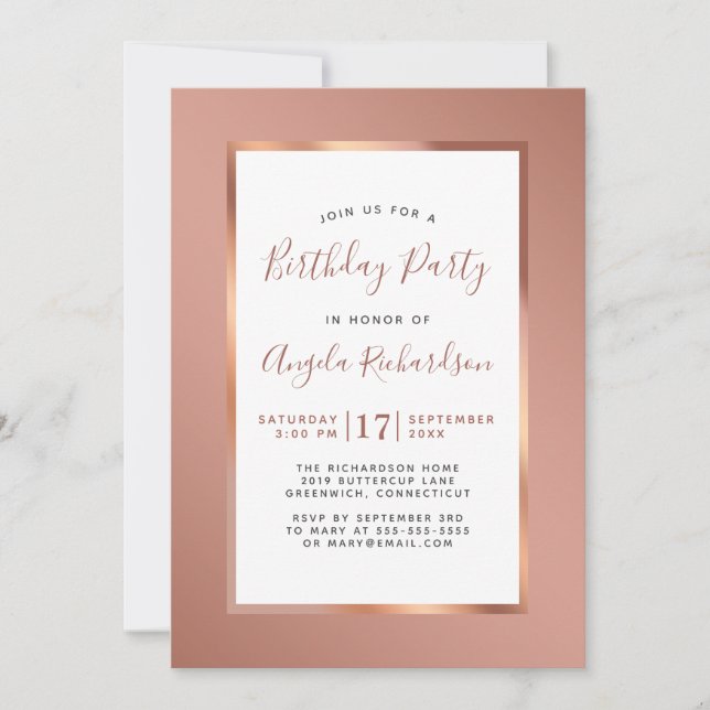 Invitation Rose Gold Foil Frame Élégante fête d'anniversaire (Devant)