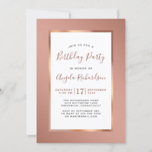 Invitation Rose Gold Foil Frame Élégante fête d'anniversaire