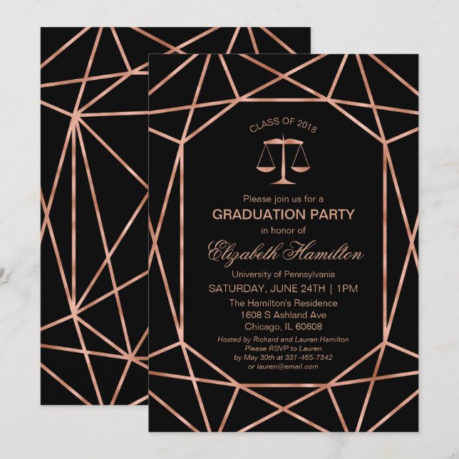 Invitation Rose Gold Foil Law School Graduation Party (Devant / Derrière)