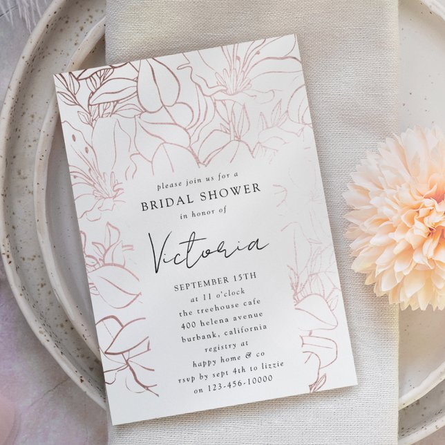 Invitation Rose Gold Foil Line Art Floral Fête des mariées (Créateur téléchargé)