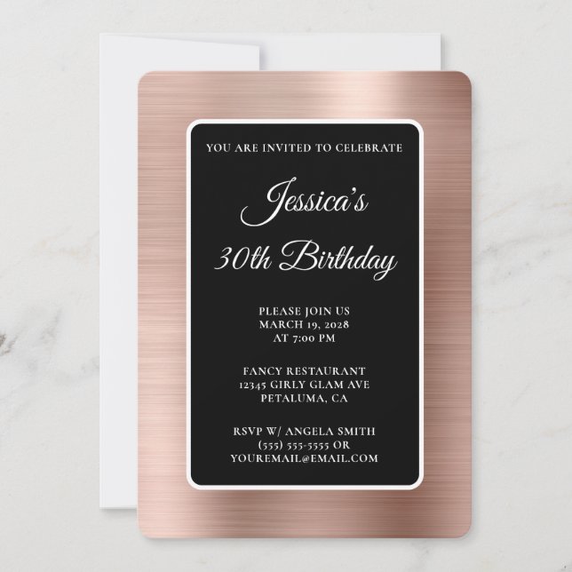 Invitation Rose Gold Foil noir et blanc 30e anniversaire (Devant)