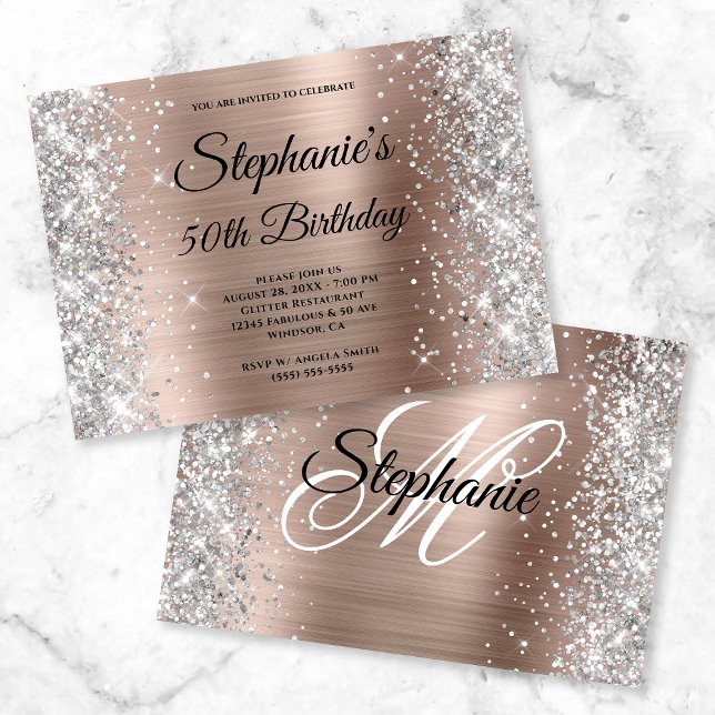 Invitation Rose Gold Foil Parties scintillant argent Monogram (Créateur téléchargé)