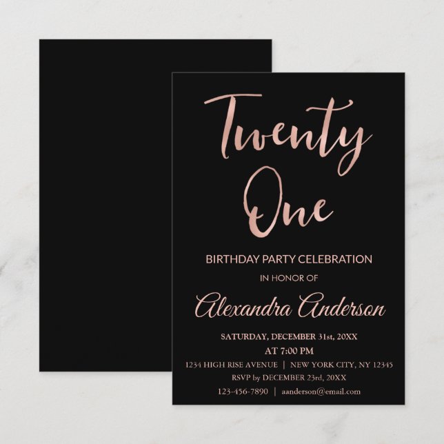 Invitation Rose Gold Foil Vingt et un 21e anniversaire (Devant / Derrière)