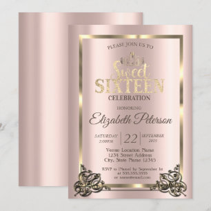 Invitation Rose Gold Frame, Bordure, Tiara Sweet 16 Party Inv