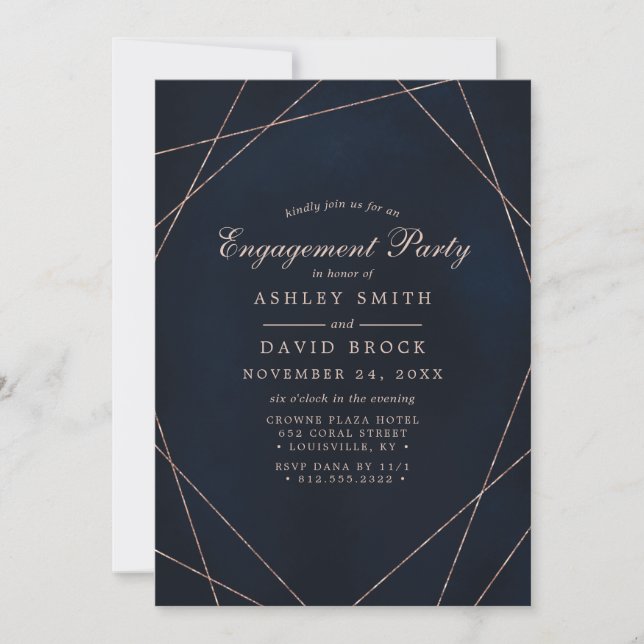 Invitation Rose Gold Geometry Midnight Blue Engagement Party (Devant)