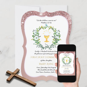 Invitation Rose Gold Girls Floral First Holy Communion Invita