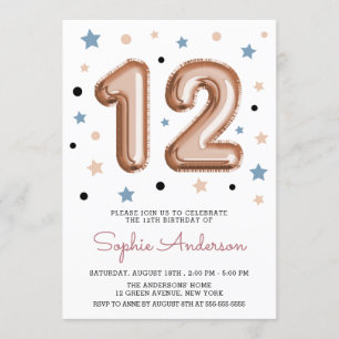 Invitation Rose Gold Girly Balloon moderne 12e fête d'anniver