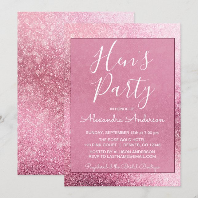 Invitation Rose Gold Girly Parties scintillant Sparkle Hen's  (Devant / Derrière)