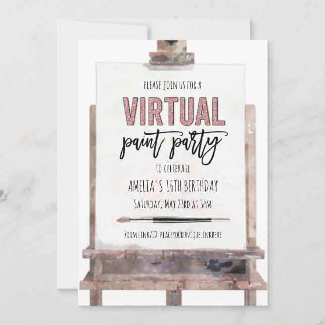Invitation Rose Gold Glam Easel Virtual Paint Party Anniversa (Devant)