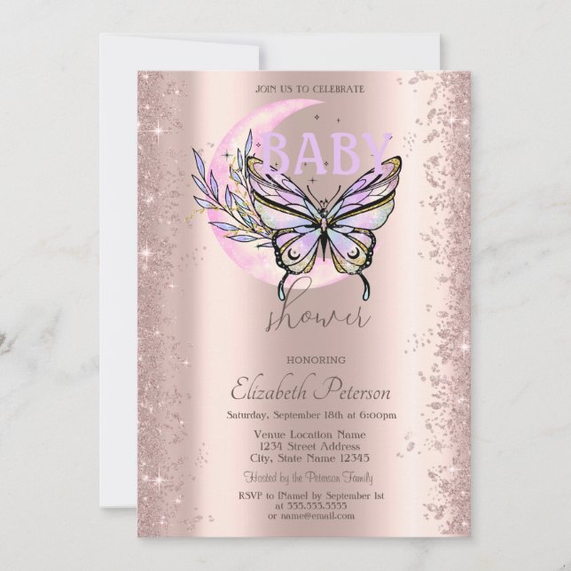 Invitation Rose Gold Glitter Butterfly Moon Baby Shower (Devant)