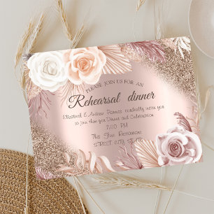 Invitation Rose Gold Glitter Fleurs Bohèmes Dîner de Répéti