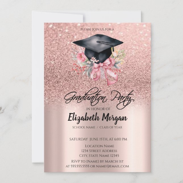 Invitation Rose Gold Glitter Floral Grad Cap Bow Graduation (Devant)
