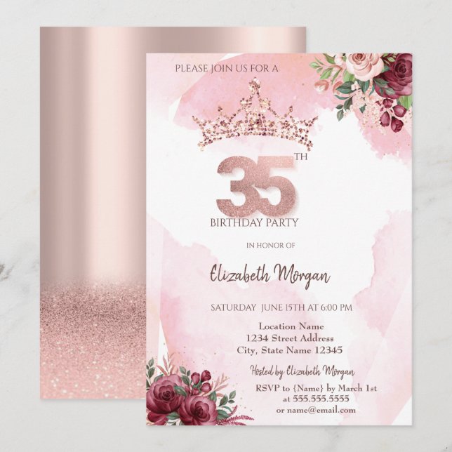 Invitation  Rose Gold Glitter Roses Crown 35th Birthday  (Devant / Derrière)