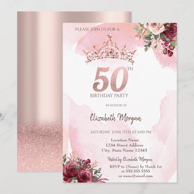 Invitation  Rose Gold Glitter Roses Crown 50th Birthday Party (Devant / Derrière)